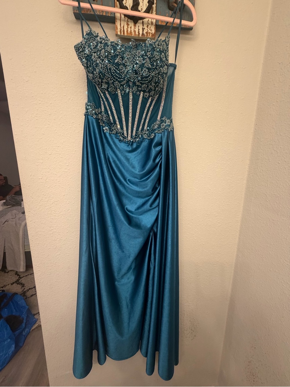 Teal Beaded Corset Evening Dress - Elegant Formal Gown